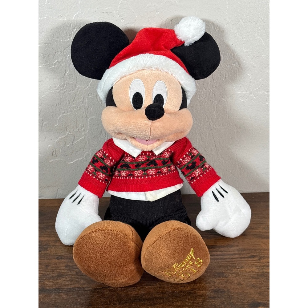 Disney Store 2018 Holiday Mickey Mouse Plush Red Fair Isle Sweater Santa Hat 15"